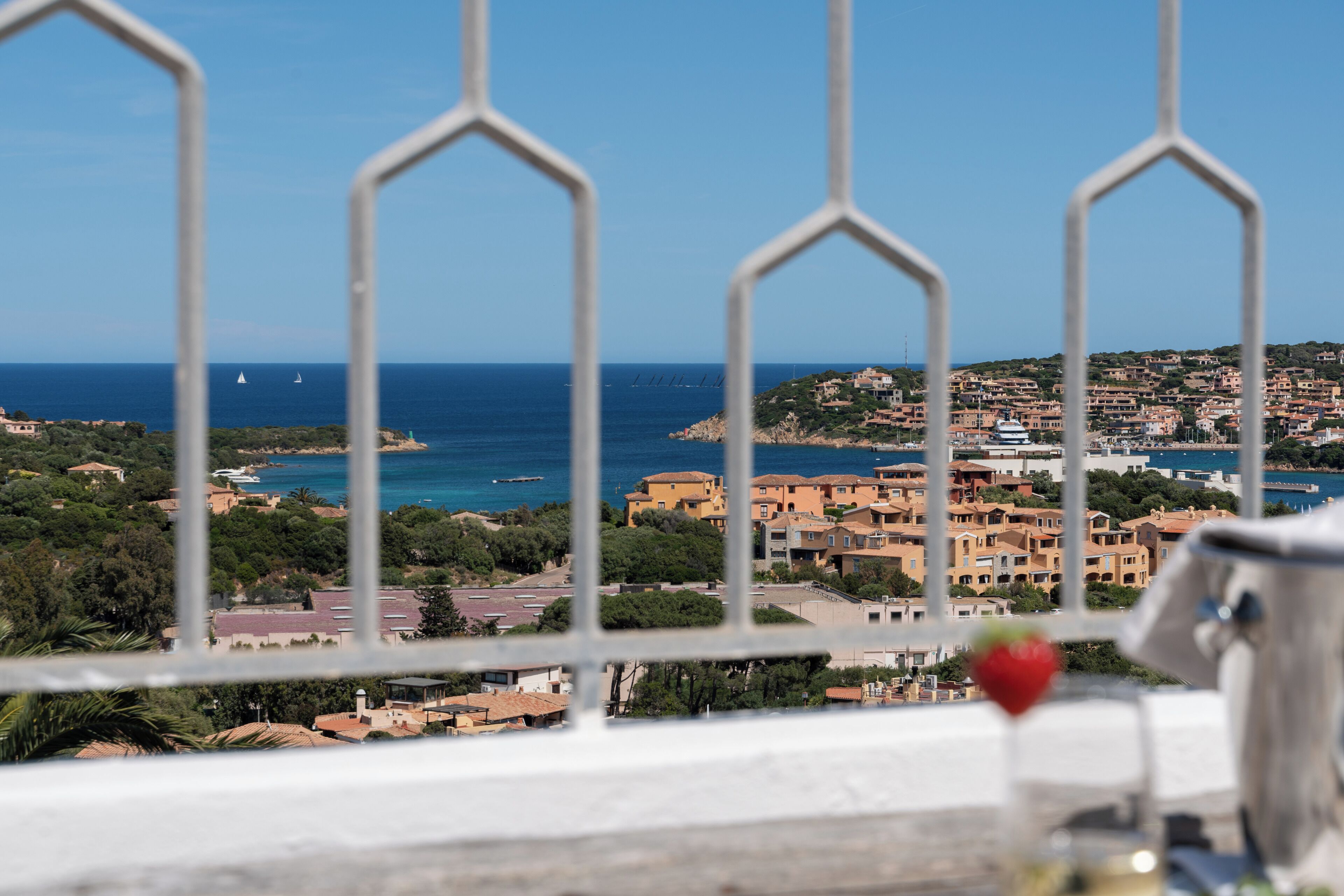 A coastal town view through a metal fence with a strawberry in the foreground.