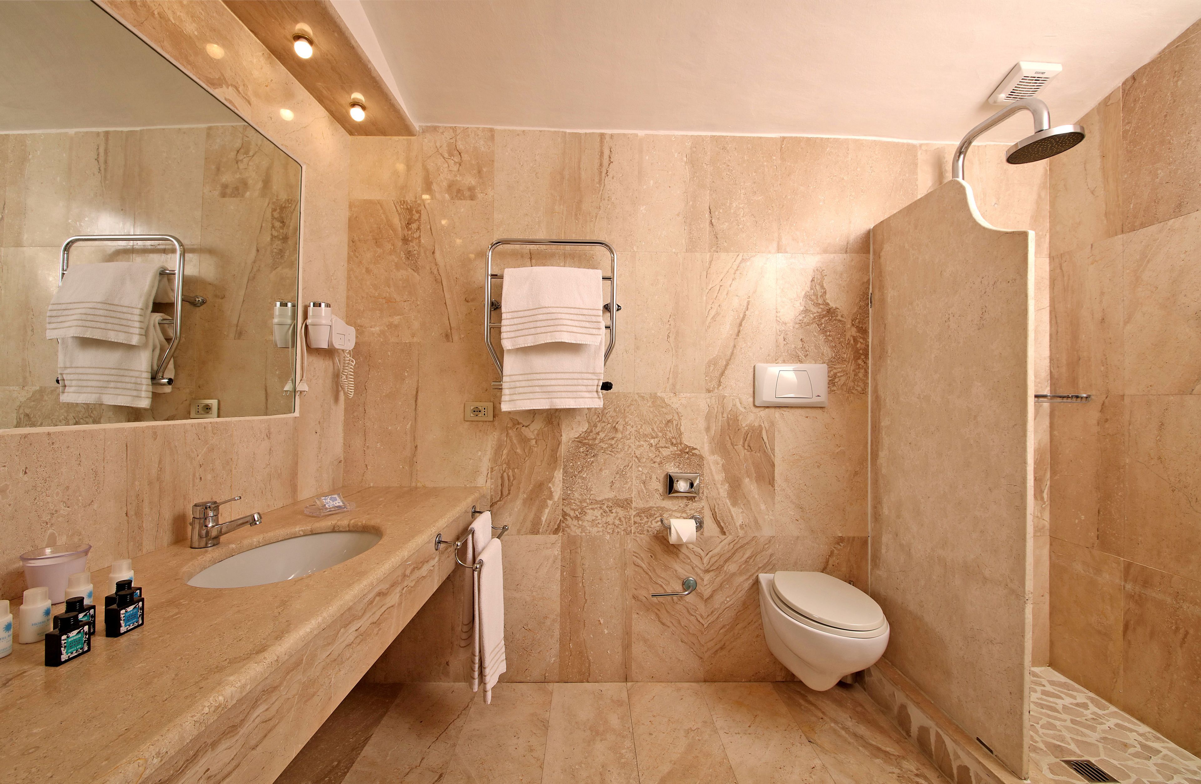 A modern bathroom with a large mirror, two sinks, a toilet, and a shower.