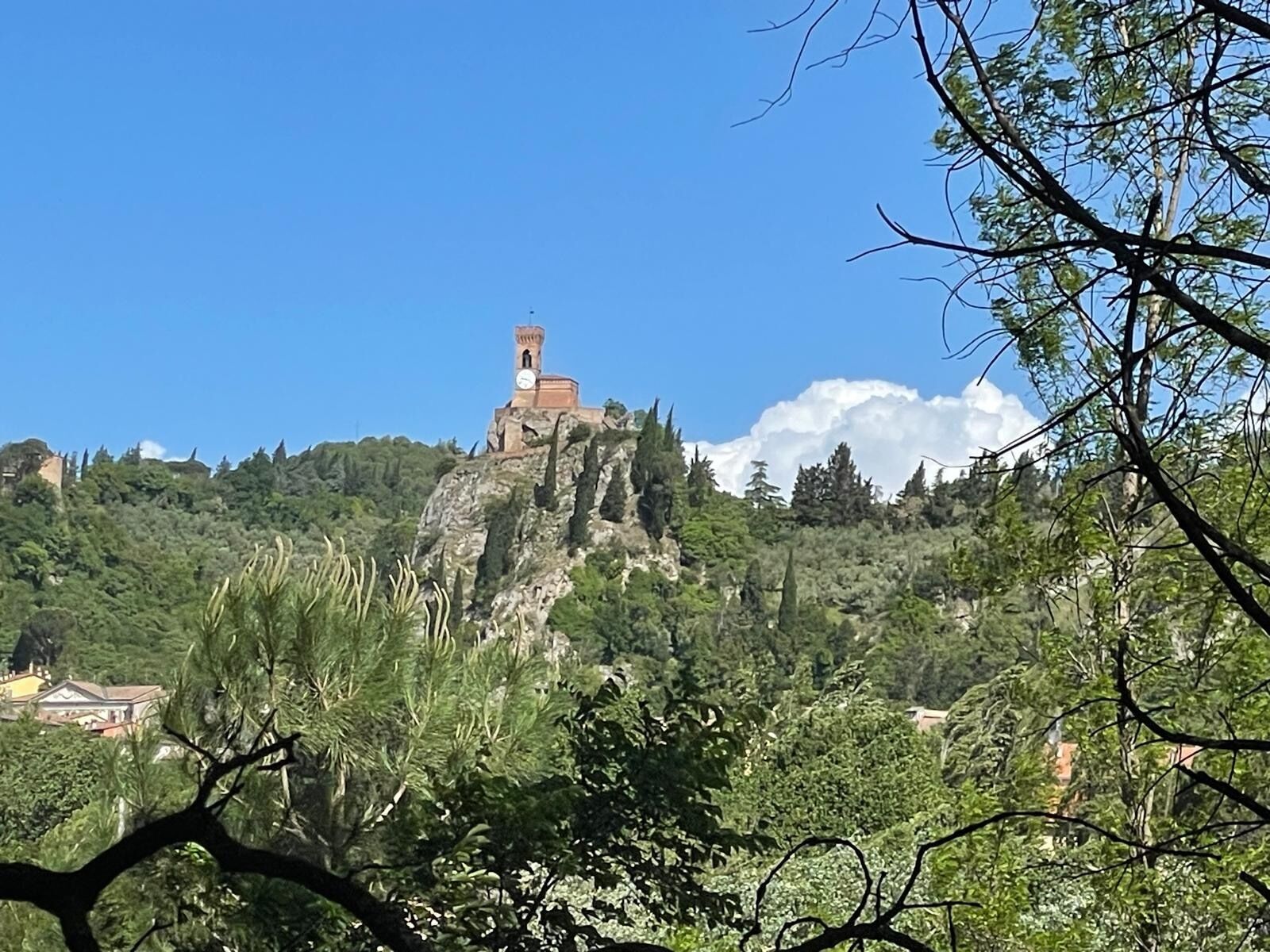 Un edificio en una colina con una torre del reloj, rodeado de vegetación y árboles.