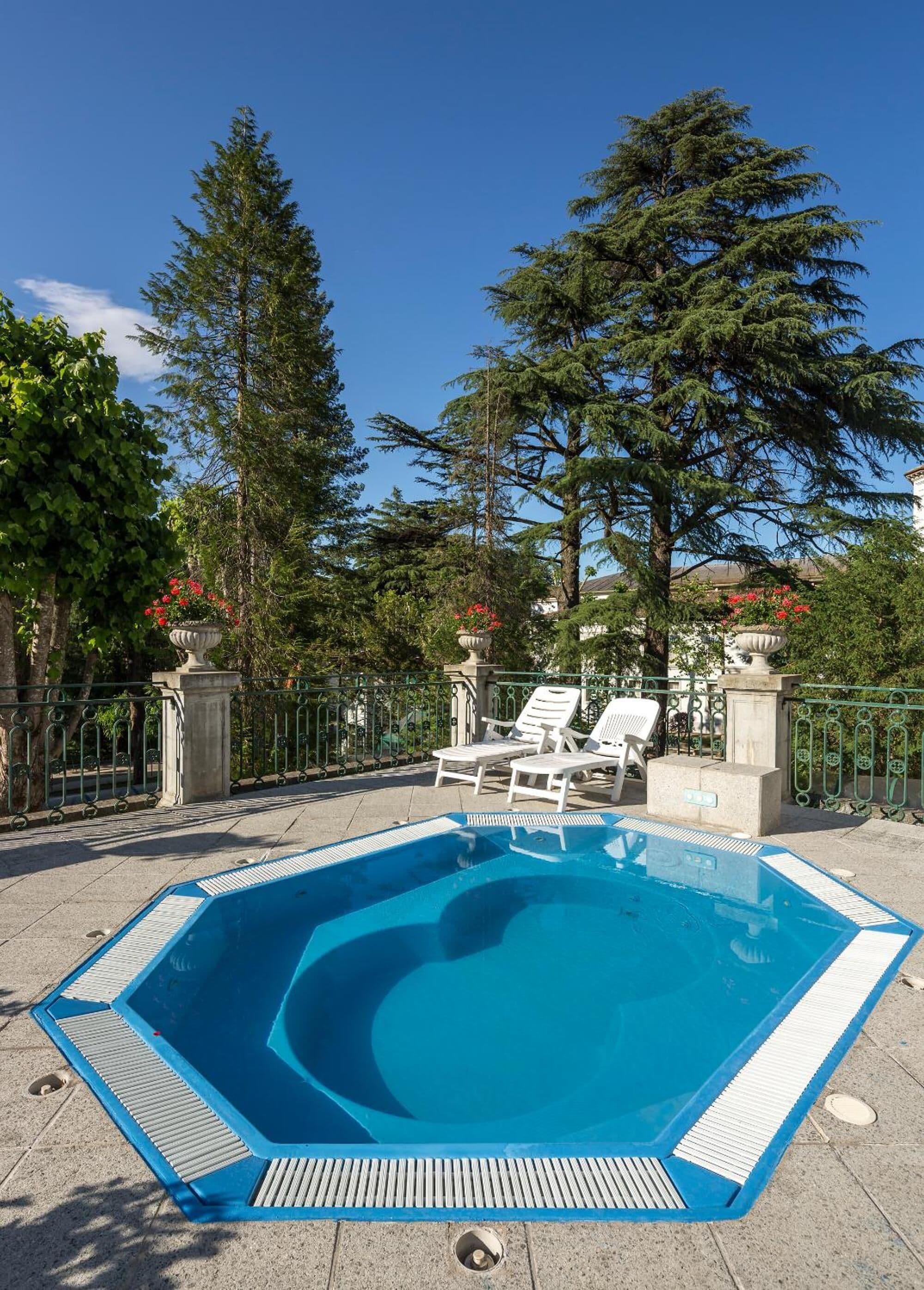 Una piscina rectangular con revestimiento azul, rodeada por un deck de piedra y barandales de metal. Hay sillas reclinables blancas y una planta en maceta con flores rojas cerca.