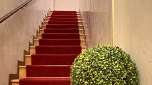 A staircase with red carpeted steps leading upwards, flanked by walls and a window at the top. - Hotel Corte Contarina (Venice)