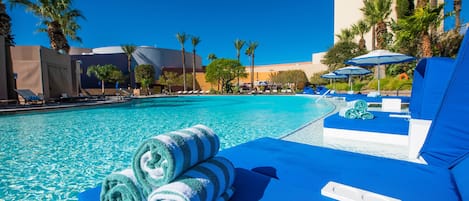 3 outdoor pools, open 8 AM to 6:00 PM, pool cabanas (surcharge)