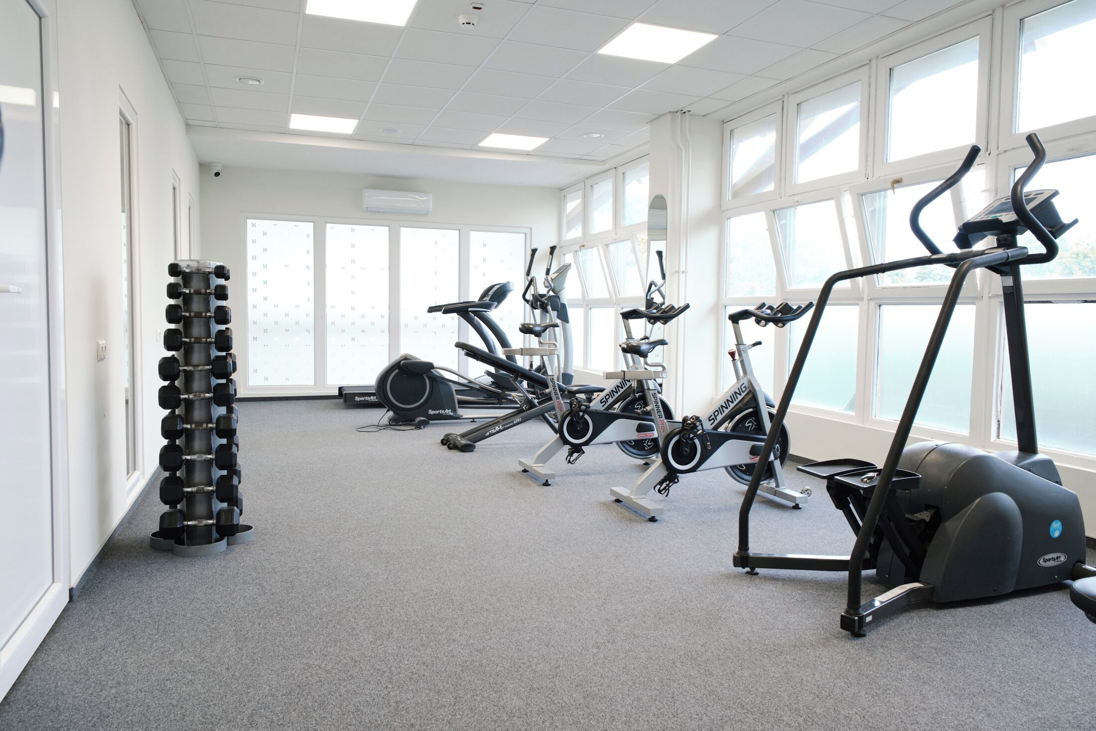 A gym with cardio machines, dumbbells, and a rowing machine.