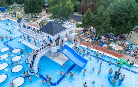 A large swimming pool with multiple lanes and a castle-like structure.