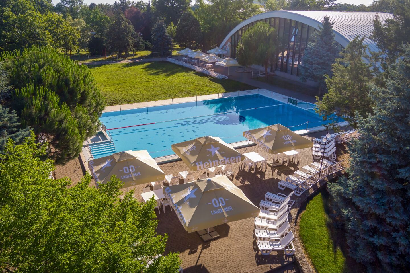 Vue aérienne d’un espace piscine avec des chaises longues et des parasols, entouré d’arbres et d’un bâtiment doté d’un toit incurvé.