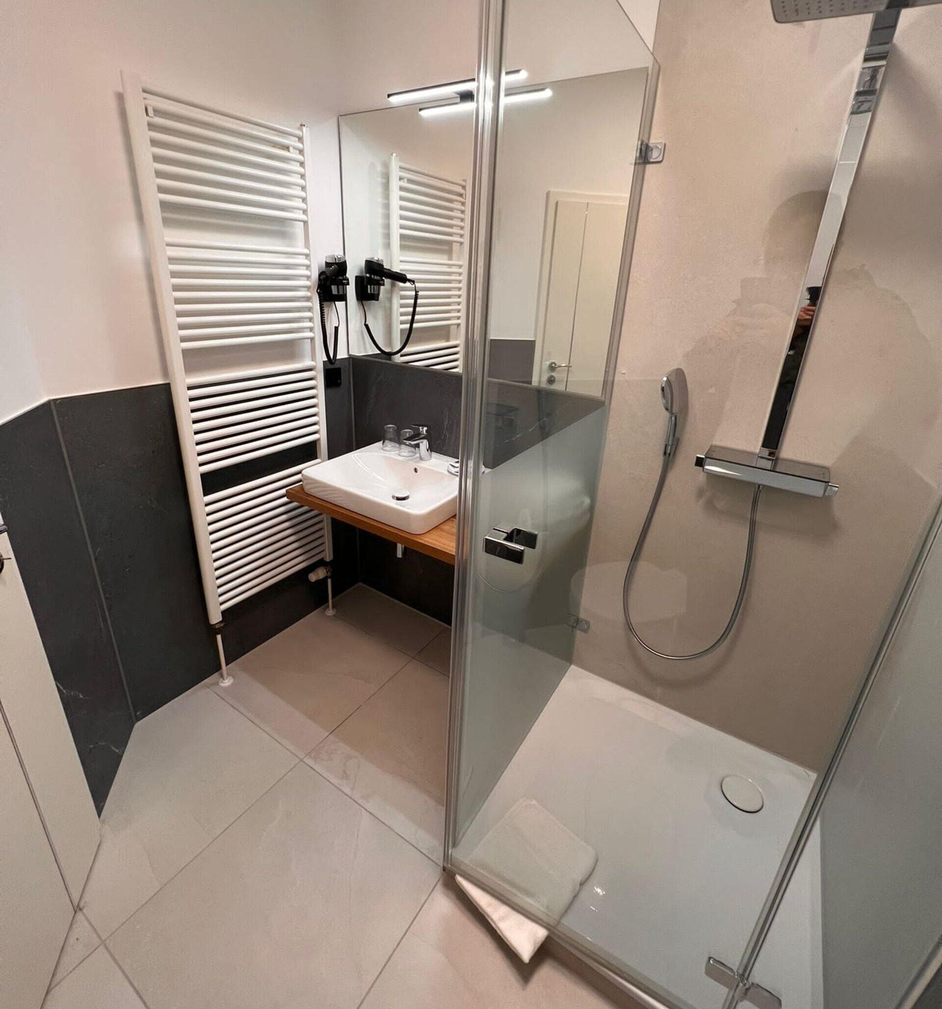 shower, free toiletries, hair dryer, towels