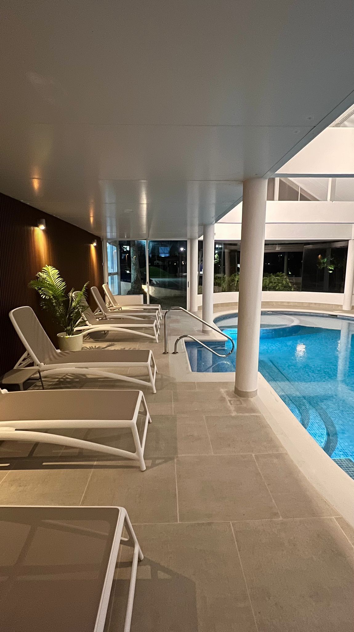 Un área de piscina interior con sillones de descanso y una planta en maceta.