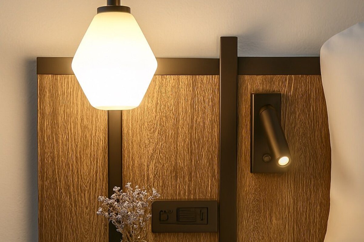 Habitación de hotel con cabecera de madera, mesita de noche con un jarrón de flores secas y un panel de control en la pared.