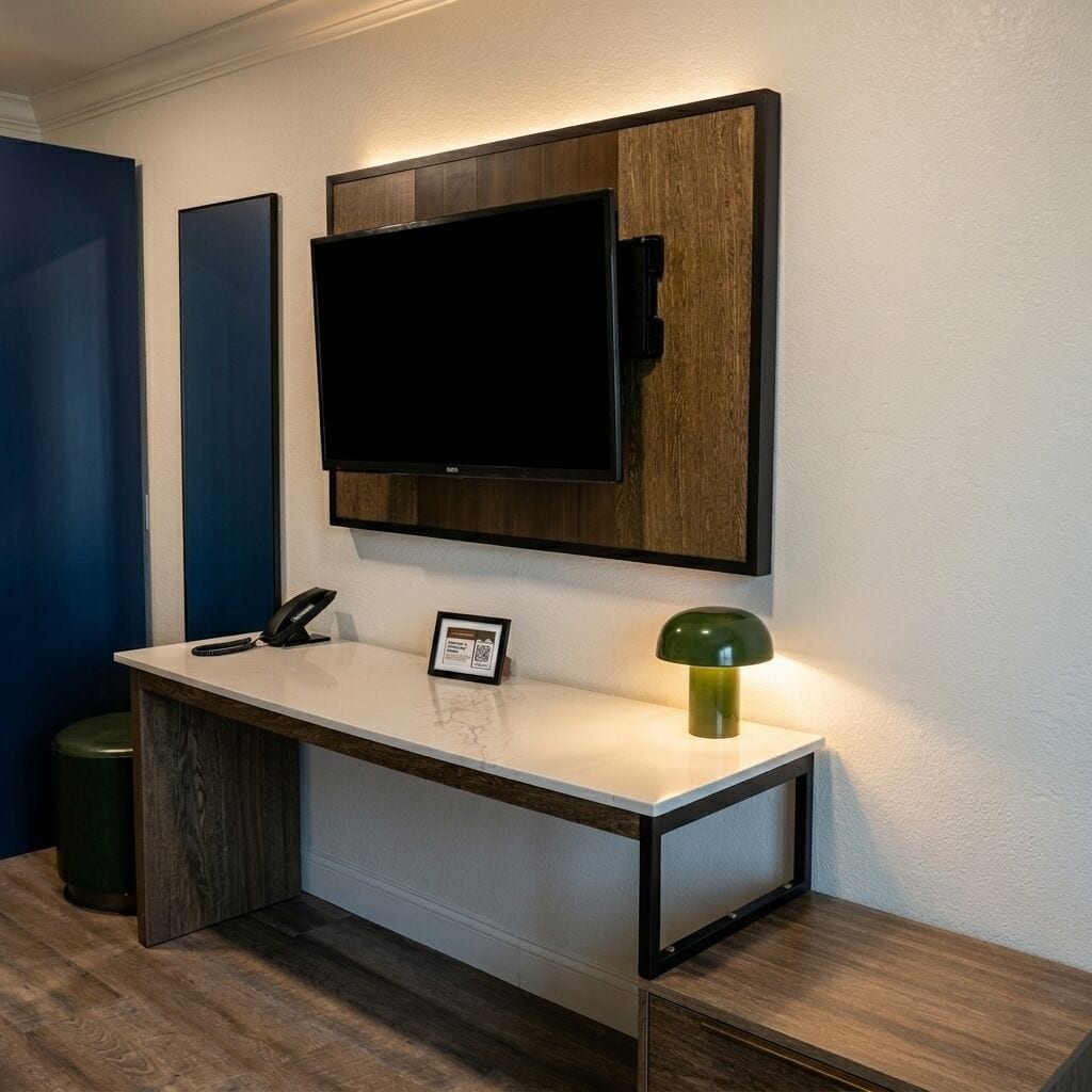Een moderne kamer met een flatscreen televisie bevestigd aan een houten paneel, een bureau met telefoon, een lijst met een certificaat en een groene bureaulamp.