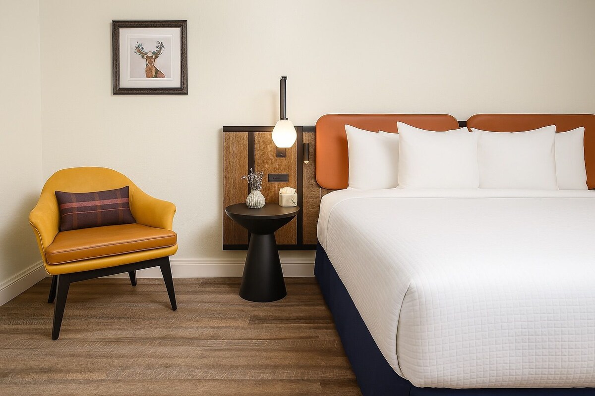 A hotel room with a bed, a chair, a bedside table, and a wall-mounted picture.
