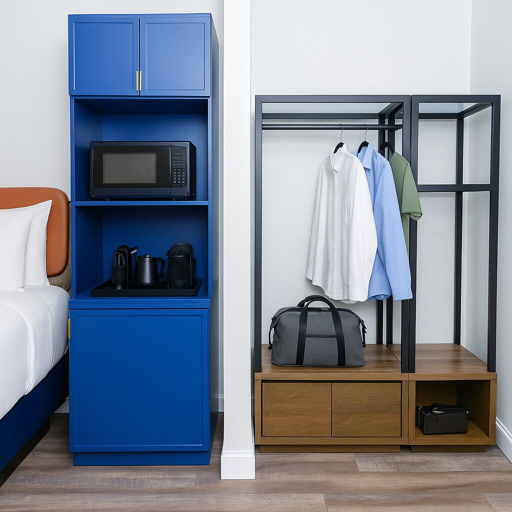 A compact hotel room with a blue wardrobe, a bed with white bedding, a microwave, a coffee maker, and a clothing rack with hanging clothes and a bag.