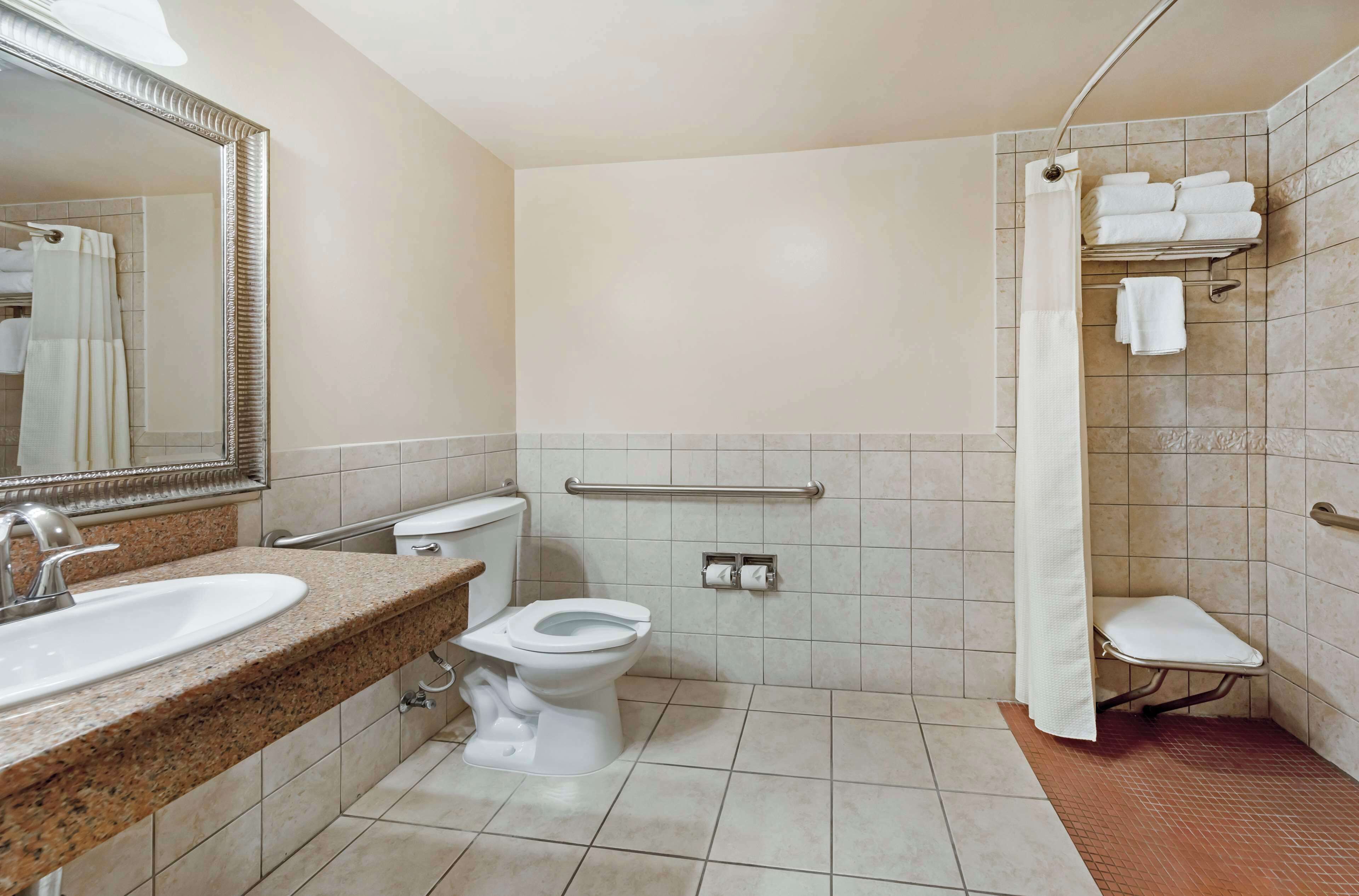 A bathroom with a sink, toilet, and shower area.