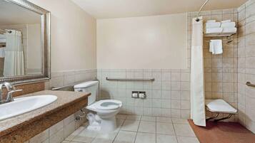 A bathroom with a sink, toilet, and shower area.