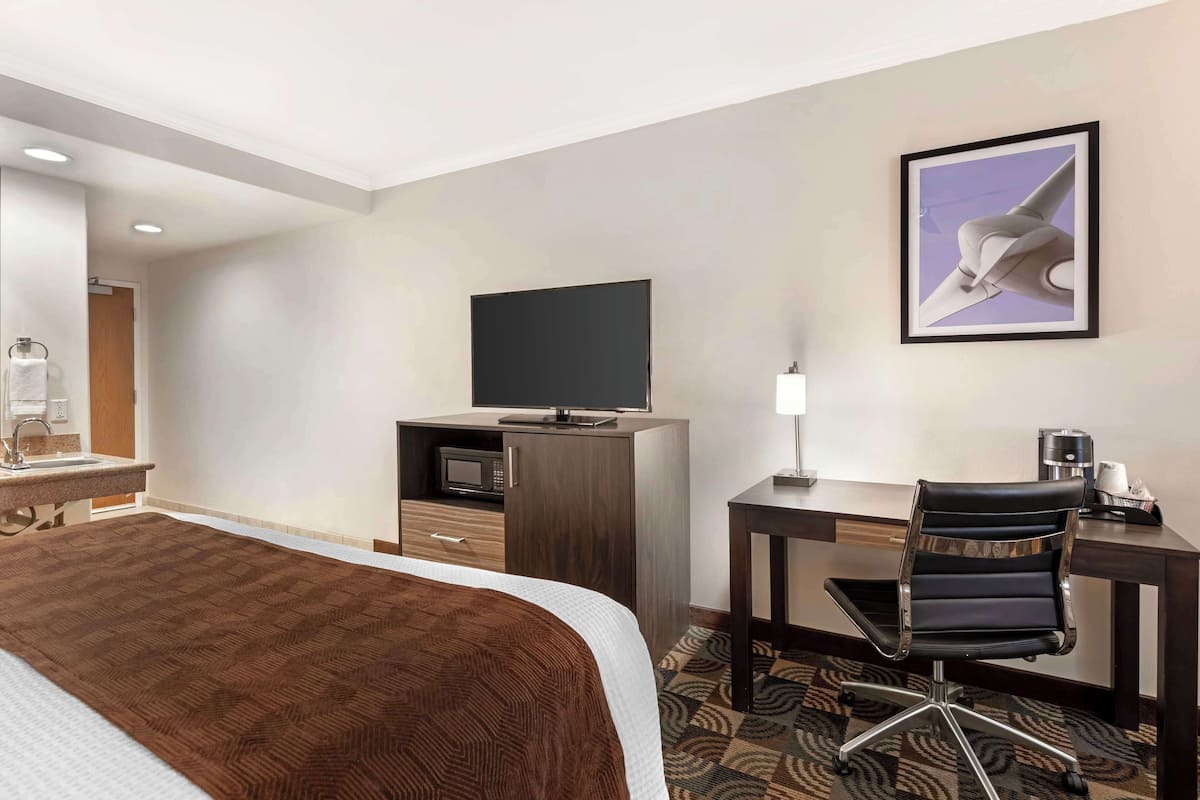 A hotel room with a bed, a desk, a chair, a television, a microwave, and a framed picture on the wall.