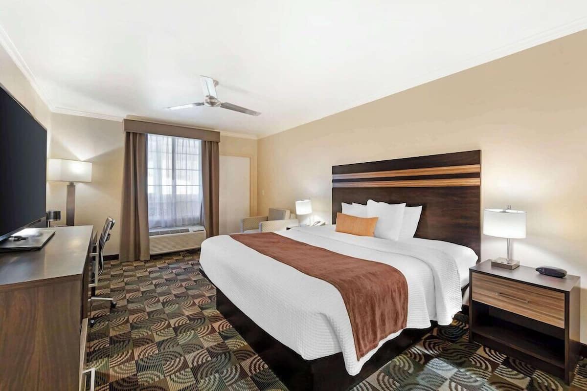 A hotel room with a large bed, a desk, a chair, a nightstand, a lamp, a ceiling fan, and a window with curtains.