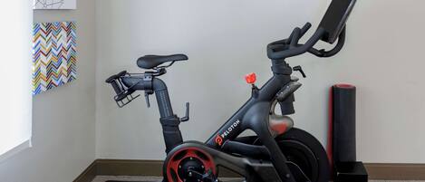 A Peloton exercise bike in a room with a plain wall, a colorful artwork, and a small speaker.
