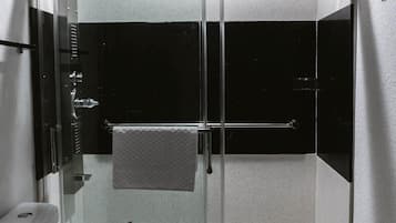 Une salle de bain compacte avec une douche à parois de verre, des toilettes et un lavabo.