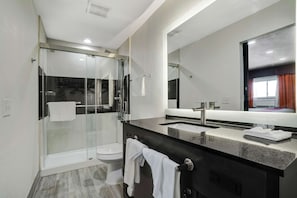 A modern bathroom with a glass-enclosed shower, a toilet, and a vanity with a large mirror.