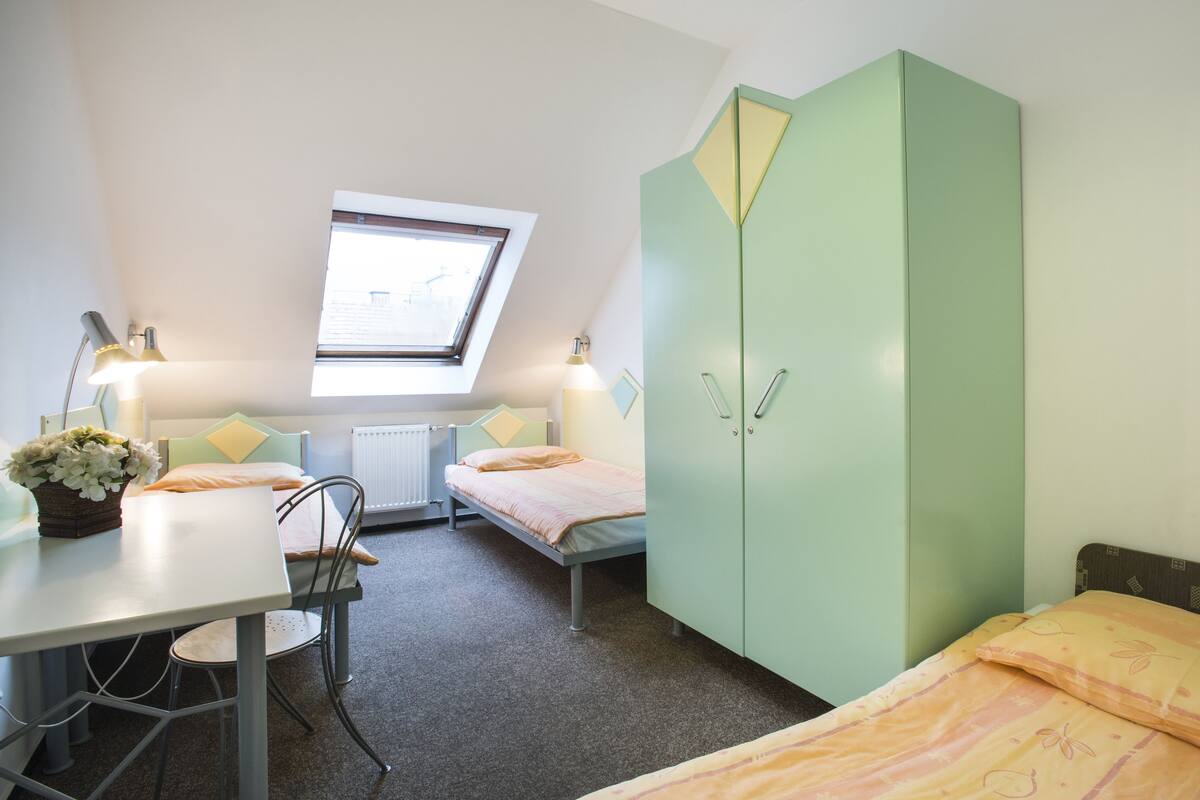A dormitory room with a skylight, a desk with a lamp, two beds, and a wardrobe.