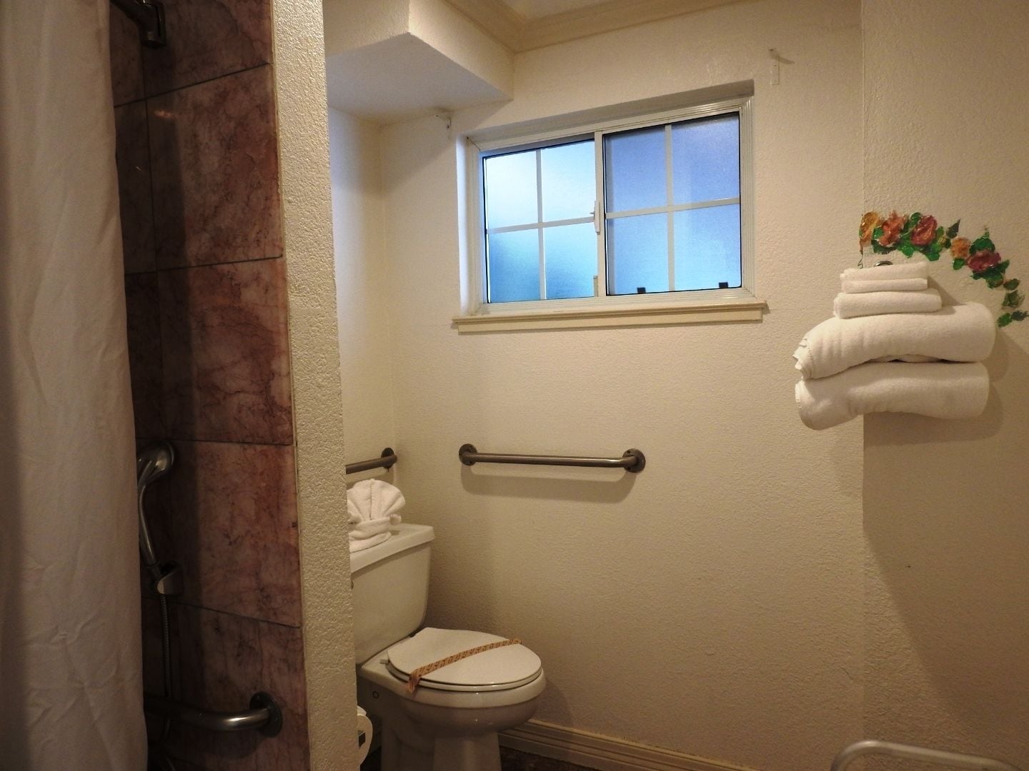 combined shower/bathtub, free toiletries, hair dryer, towels