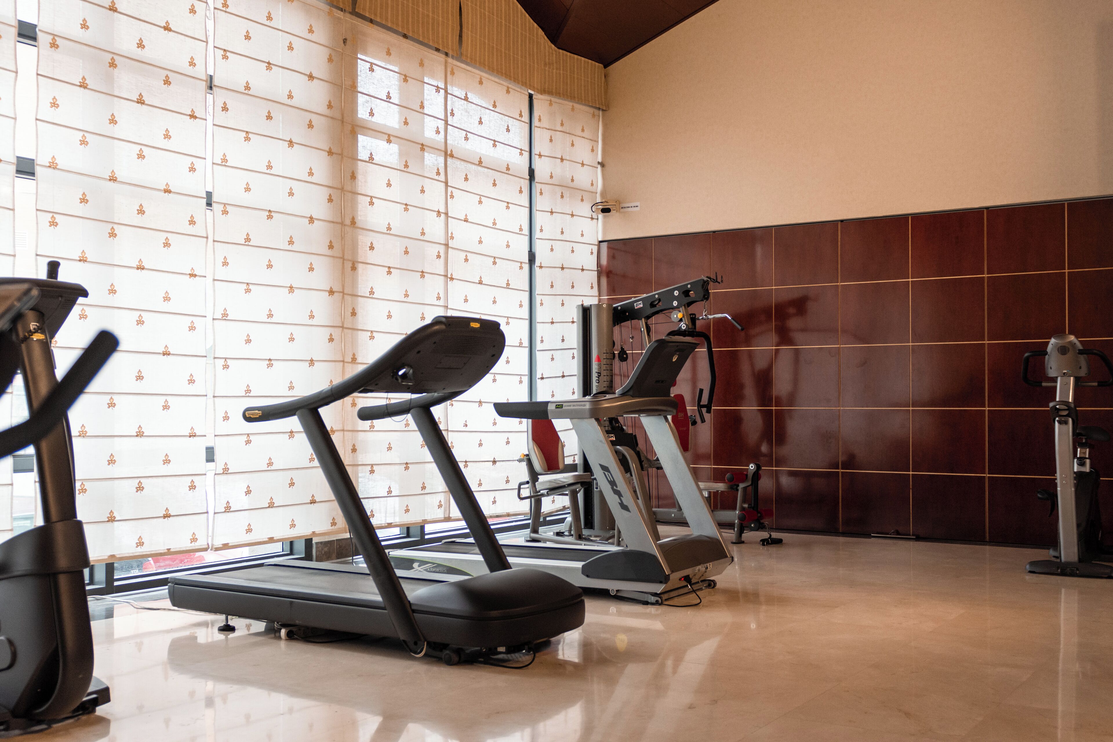 Un gimnasio con cintas de correr y equipo de ejercicio.