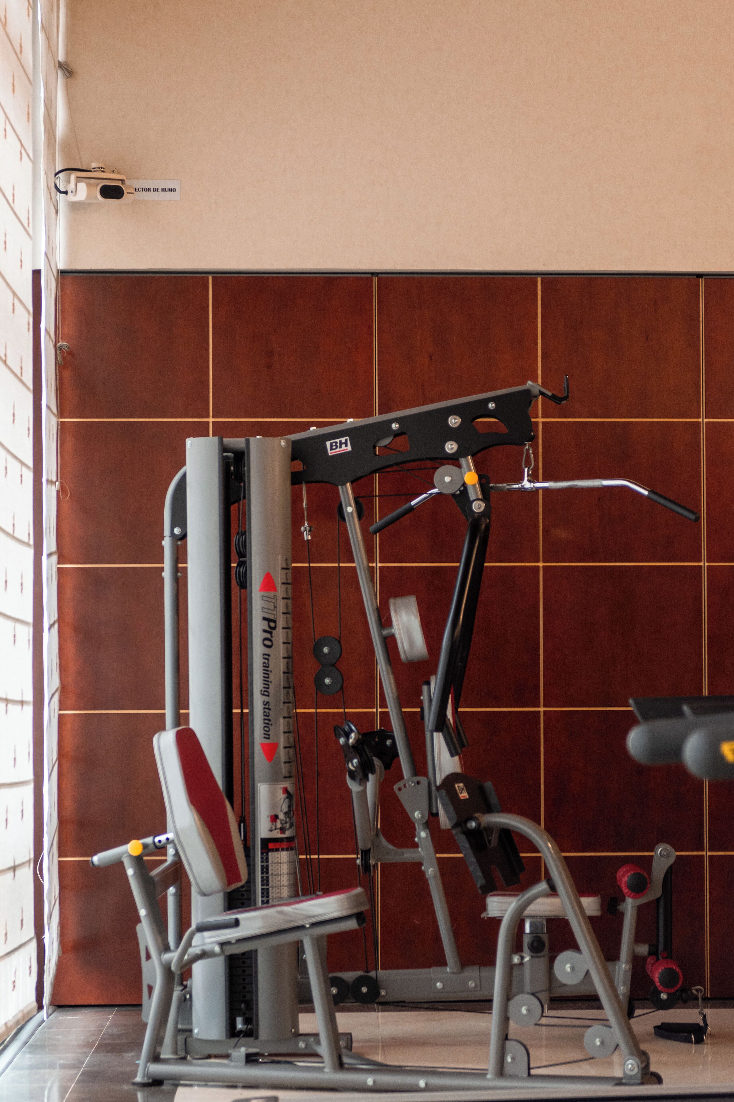Une salle de sport équipée d’un espace d’entraînement professionnel, de machines de musculation et d’un vélo d’exercice fixé au mur.