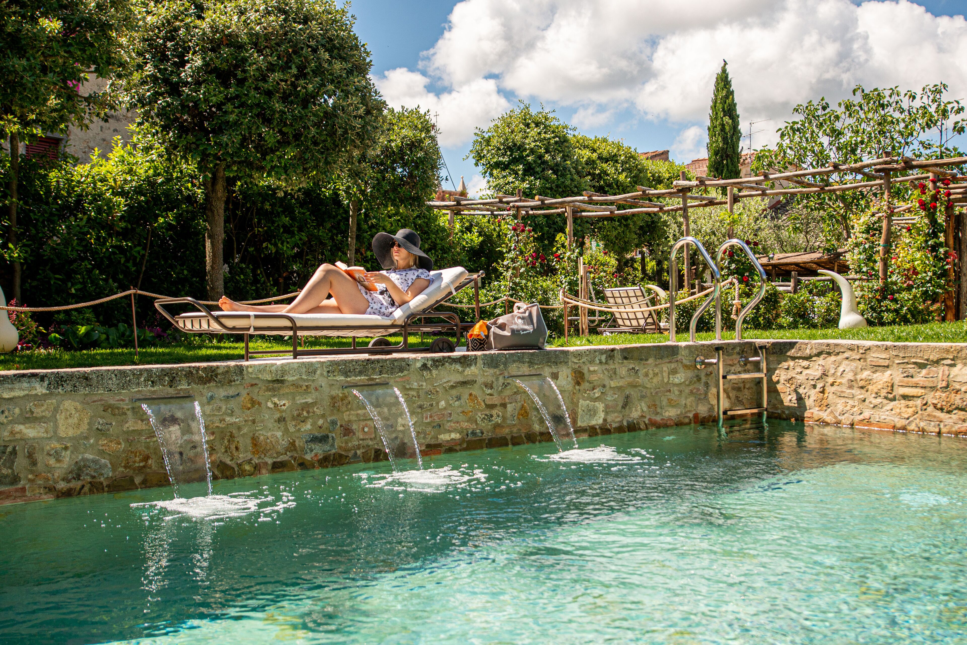 seasonal outdoor pool, pool umbrellas, pool loungers