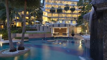 2 outdoor pools, open 8:00 AM to 9:00 PM, pool loungers