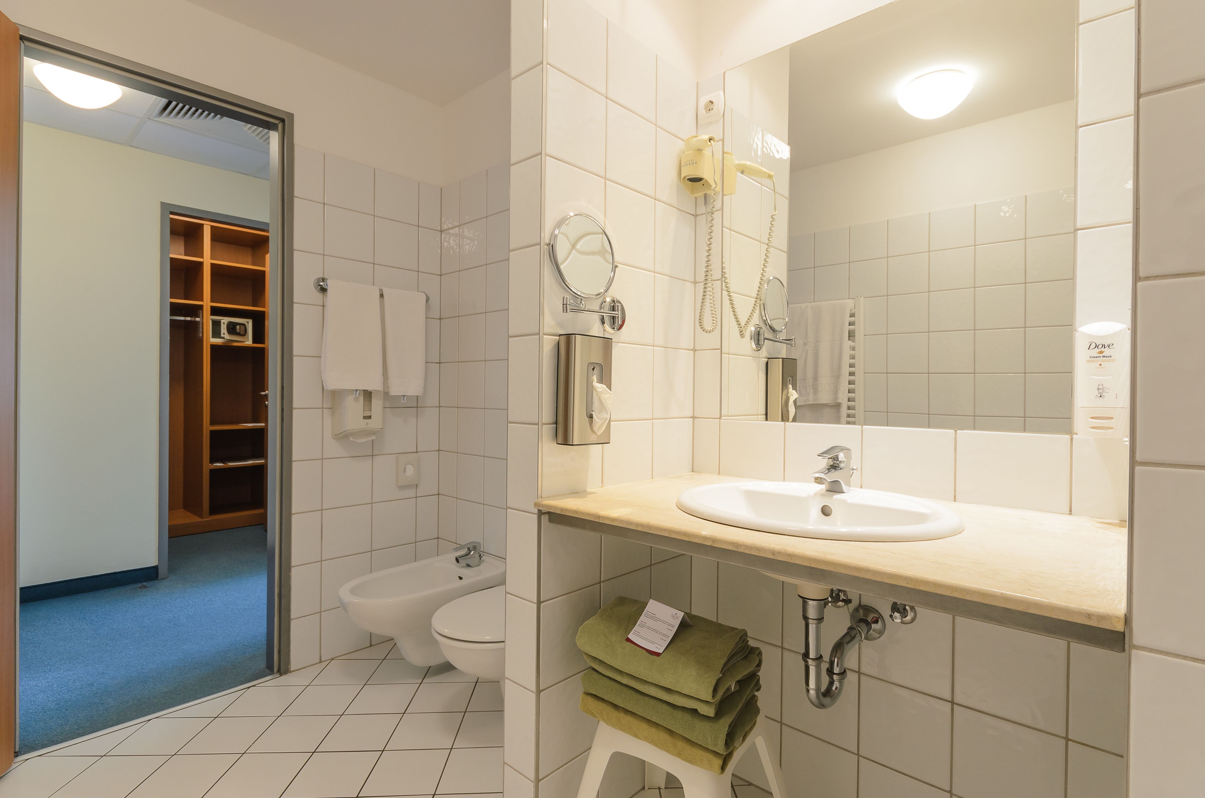 Une salle de bain moderne équipée d’un lavabo, d’un miroir, d’un porte-serviettes et d’un bidet.