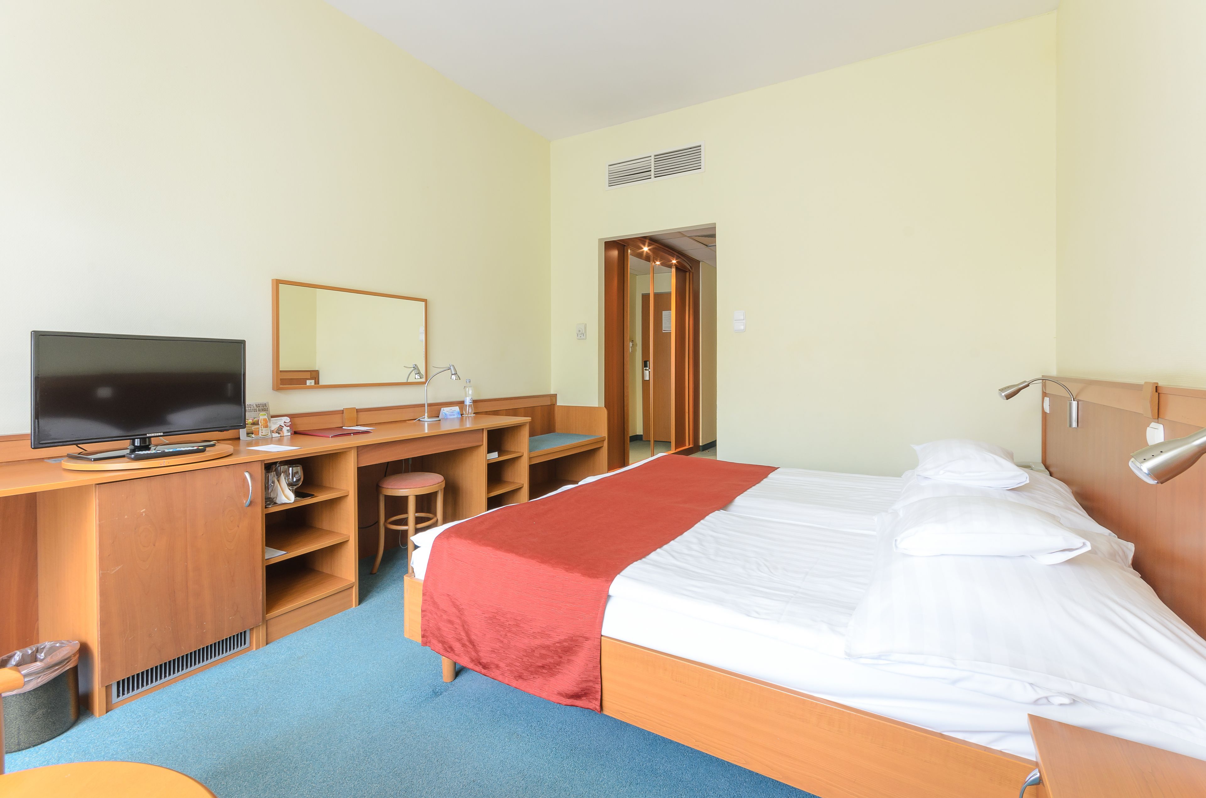Habitación de hotel con cama, escritorio con televisor, espejo y puerta de baño.
