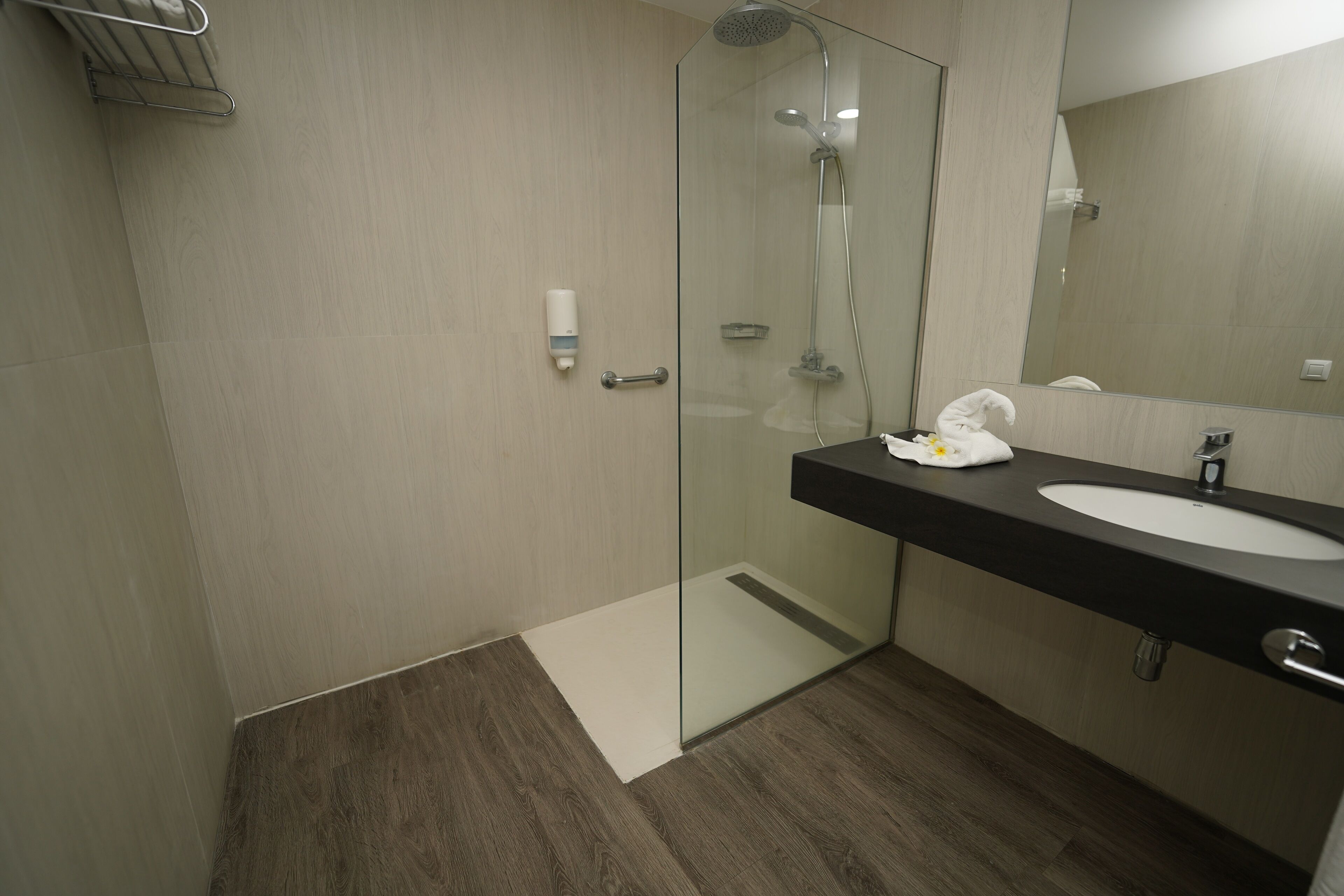 Une salle de bain moderne avec une douche à parois de verre, un lavabo sur un plan de toilette noir et un grand miroir.