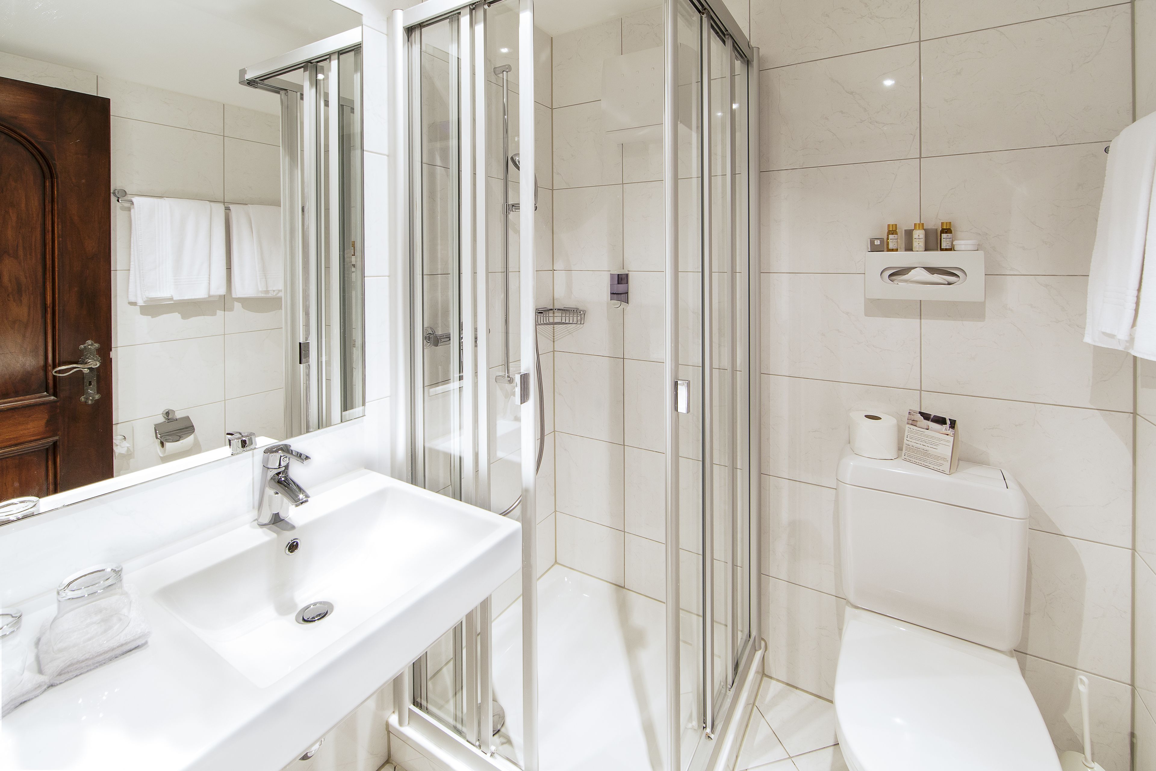 deep-soaking bathtub, free toiletries, hair dryer, bathrobes