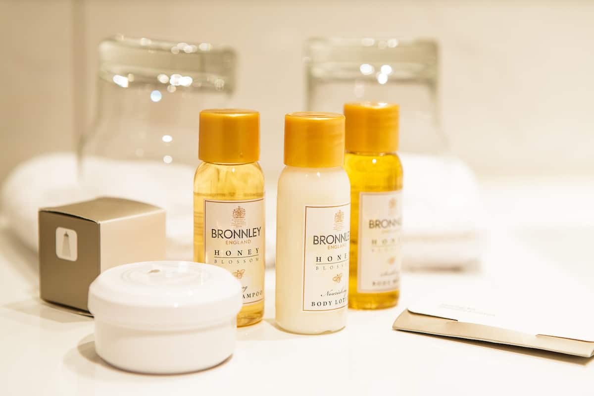 deep-soaking bathtub, free toiletries, hair dryer, bathrobes