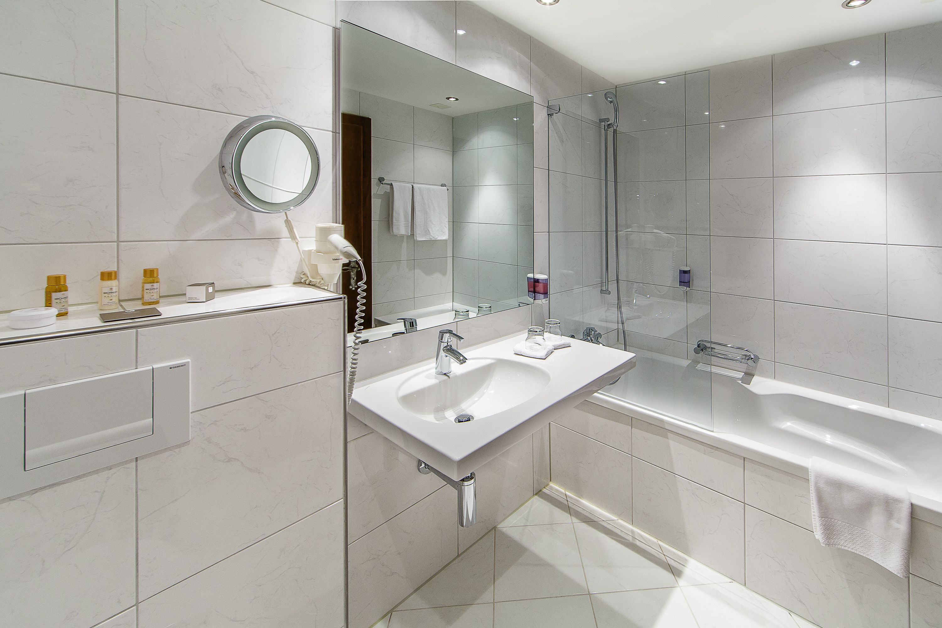 deep-soaking bathtub, free toiletries, hair dryer, bathrobes