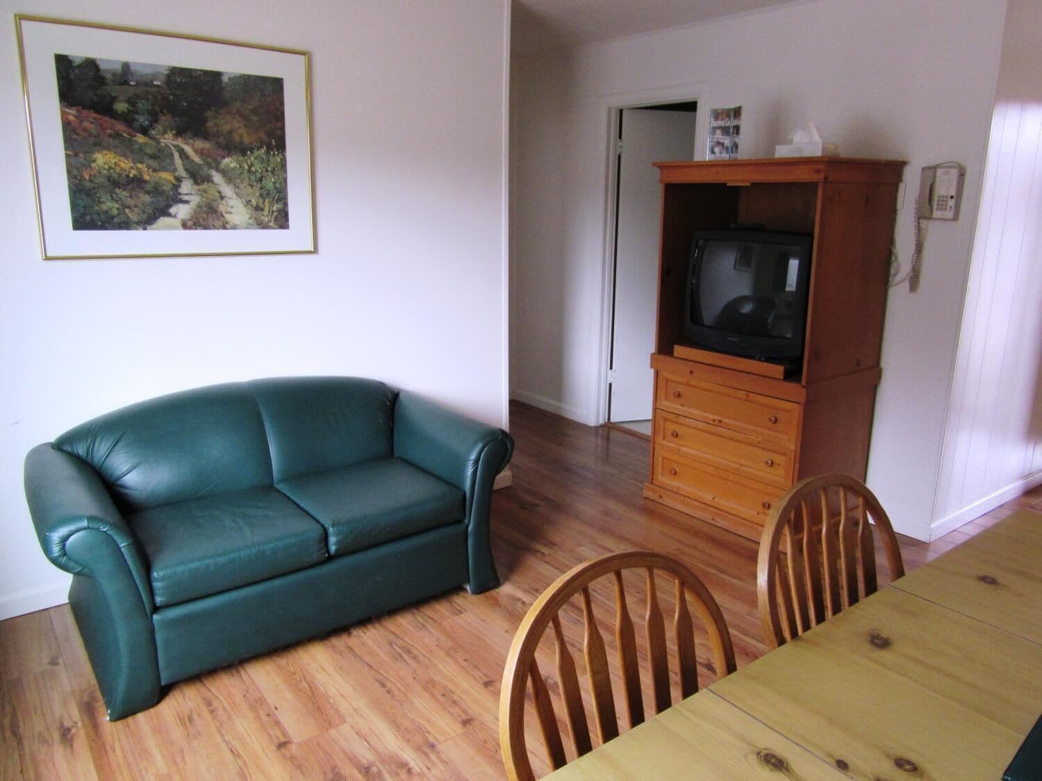 A living room with a green leather sofa, wooden dining table, and chairs. A television is on a wooden cabinet, and a framed picture hangs on the wall.