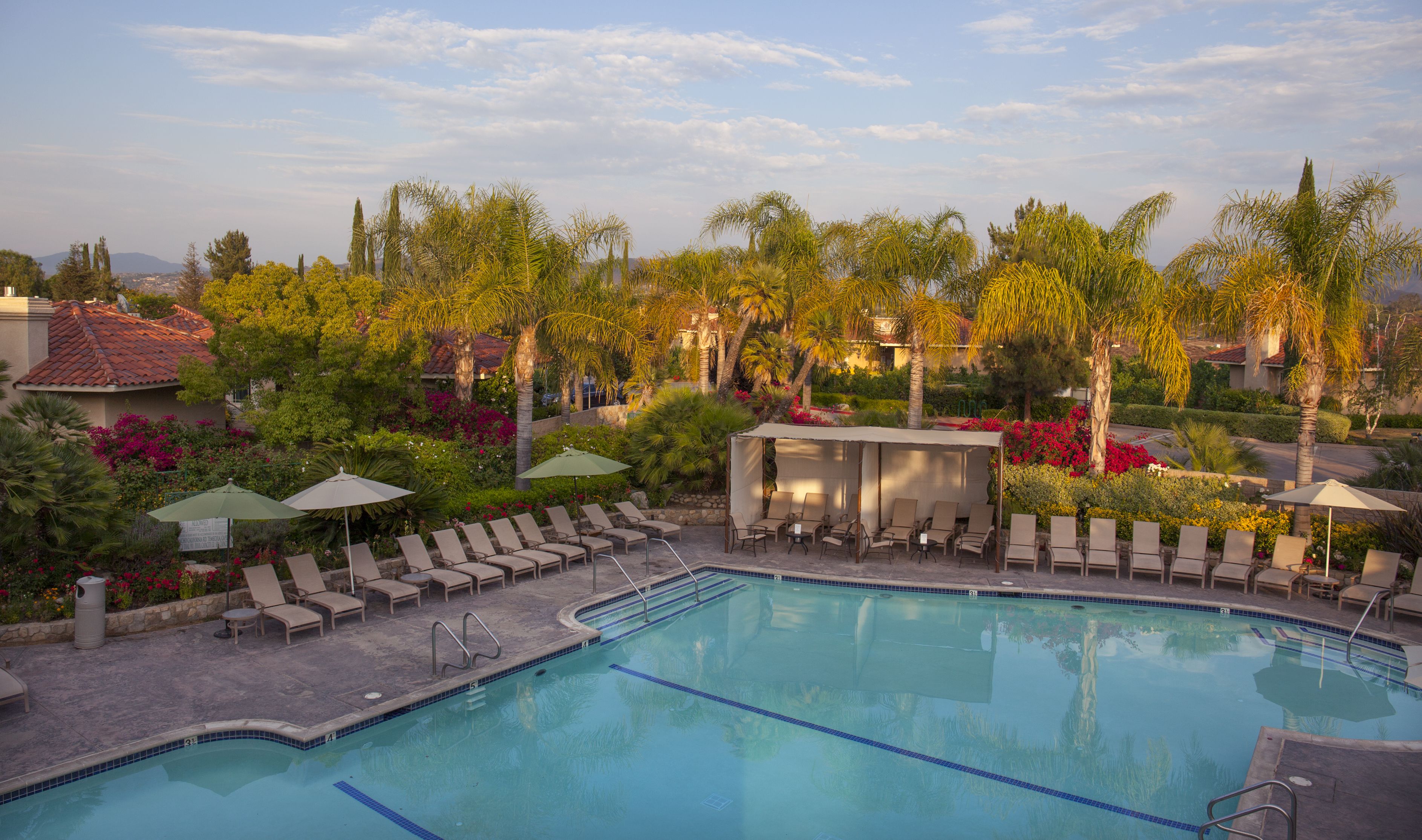 A swimming pool with lounge chairs and umbrellas, surrounded by lush greenery and a clear sky.