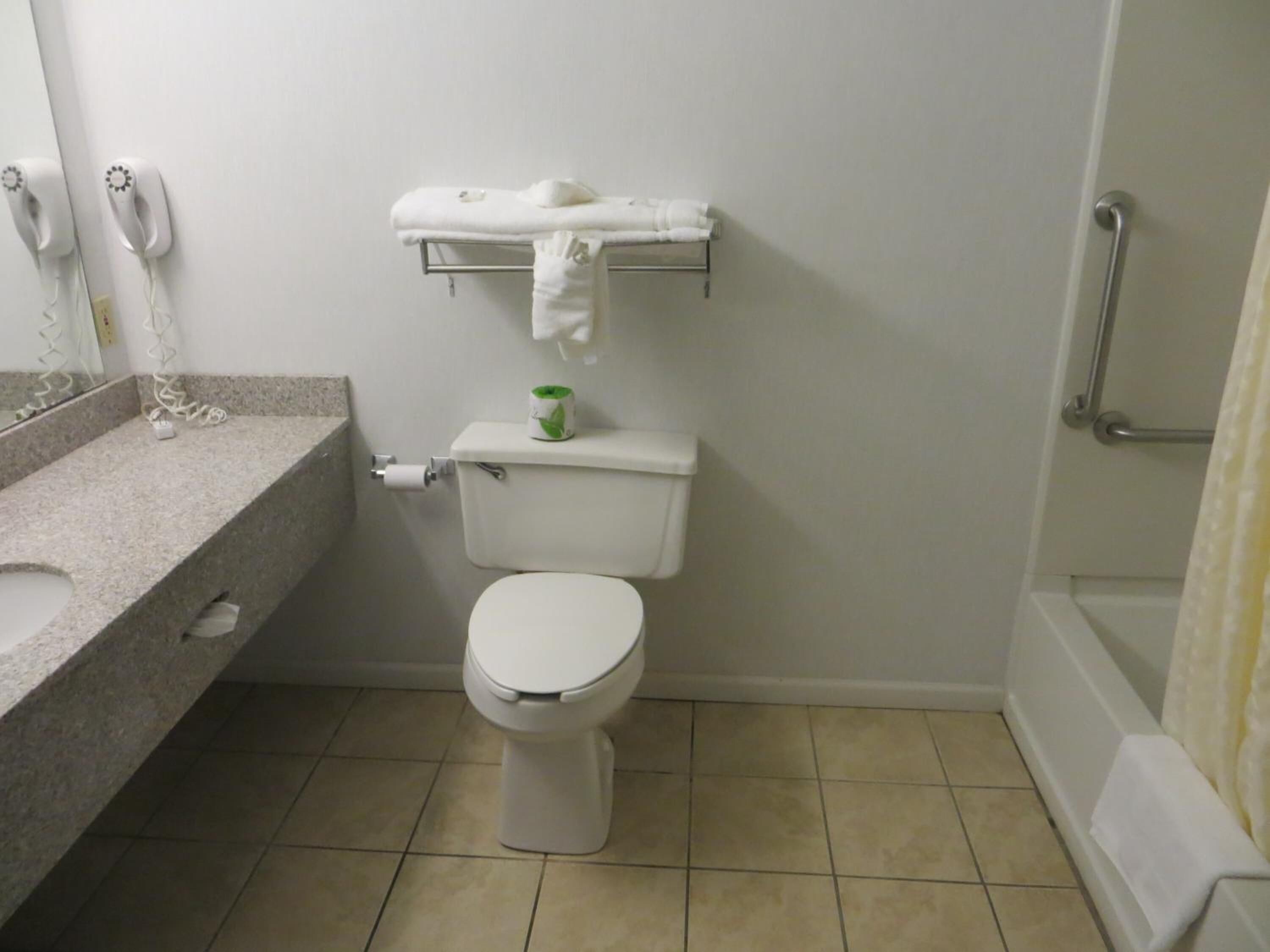 A bathroom with a toilet, a sink, a towel rack, and a shower area.