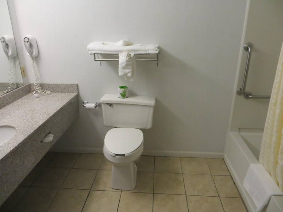 Un baño con inodoro, lavamanos, toallero y zona de ducha.