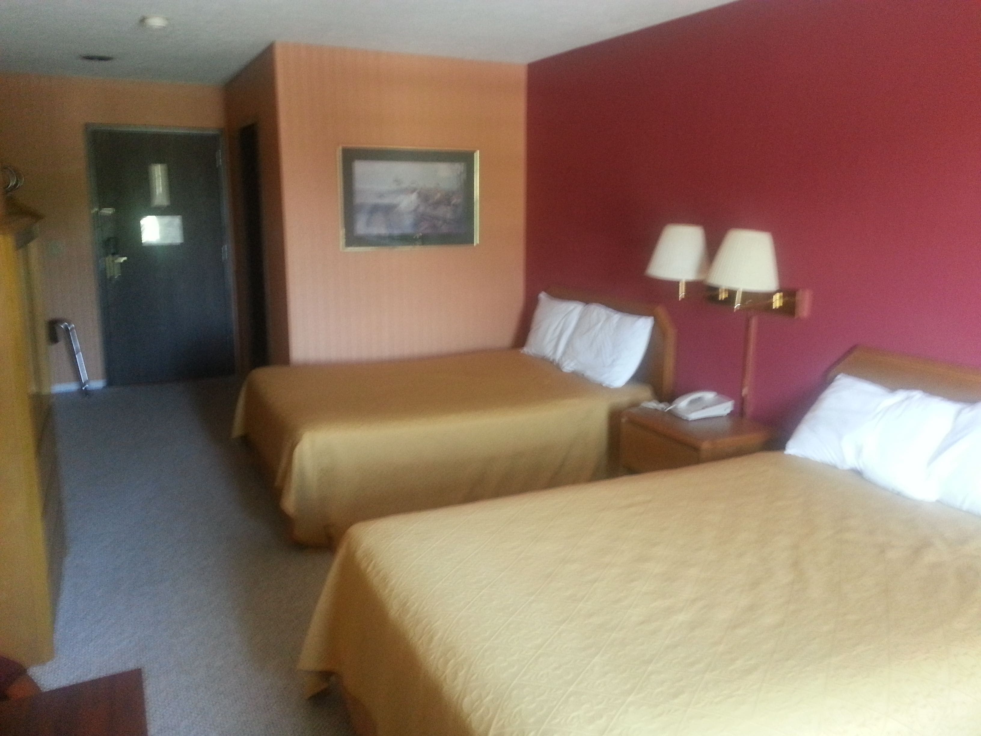 Habitación de hotel con dos camas, una puerta, un cuadro en la pared y una mesita de noche con lámparas.