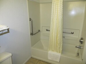 Hair dryer, towels, soap, shampoo