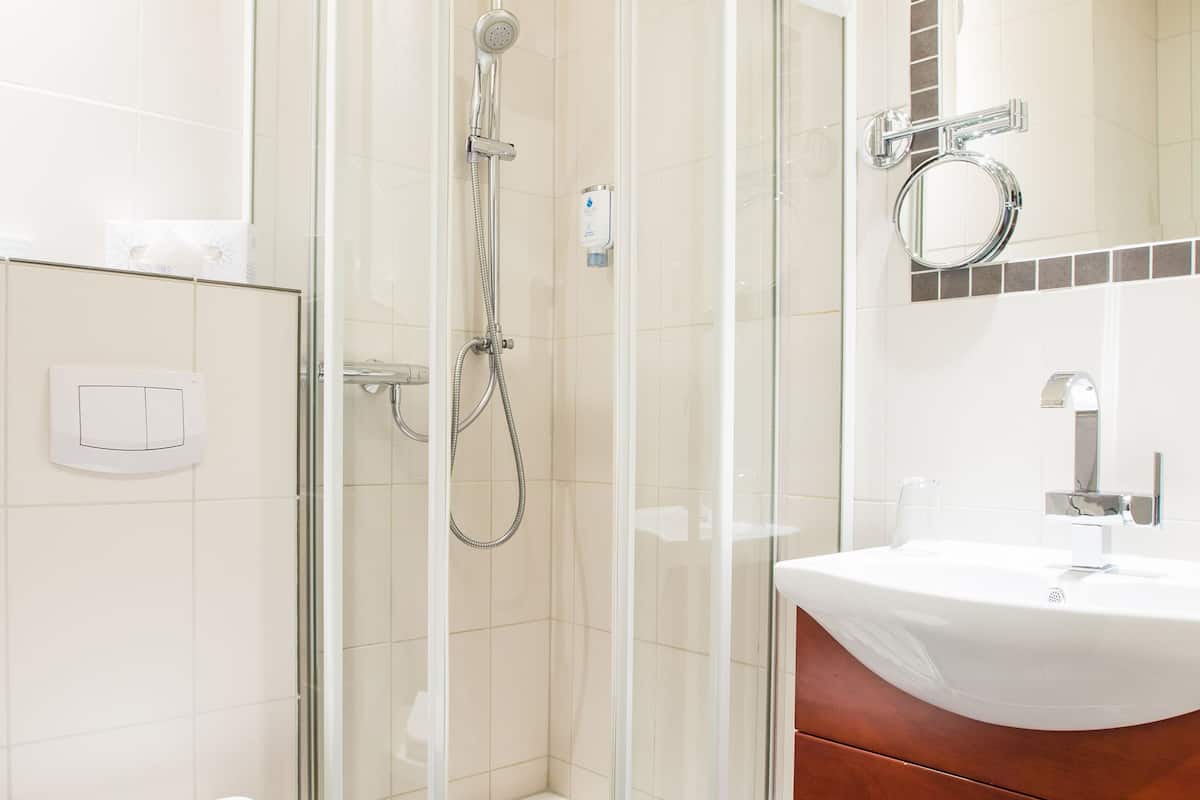 shower, eco-friendly toiletries, hair dryer, towels