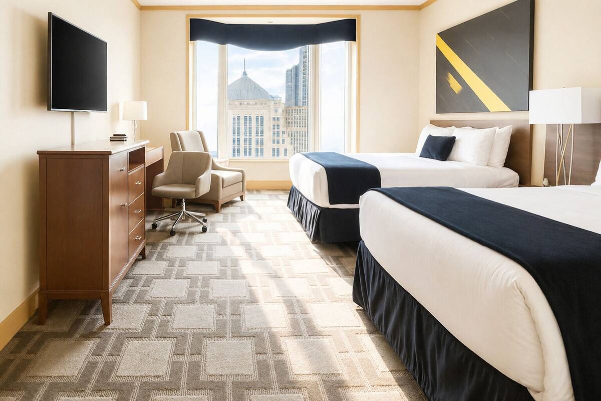 A hotel room with two beds, a desk, a chair, a TV, and a window with a city view.