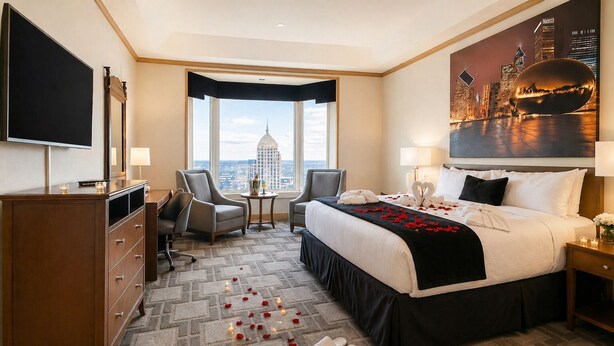 A hotel room with a large bed, two armchairs, a desk, and a view of a cityscape through large windows. - The Buckingham Hotel (Chicago)