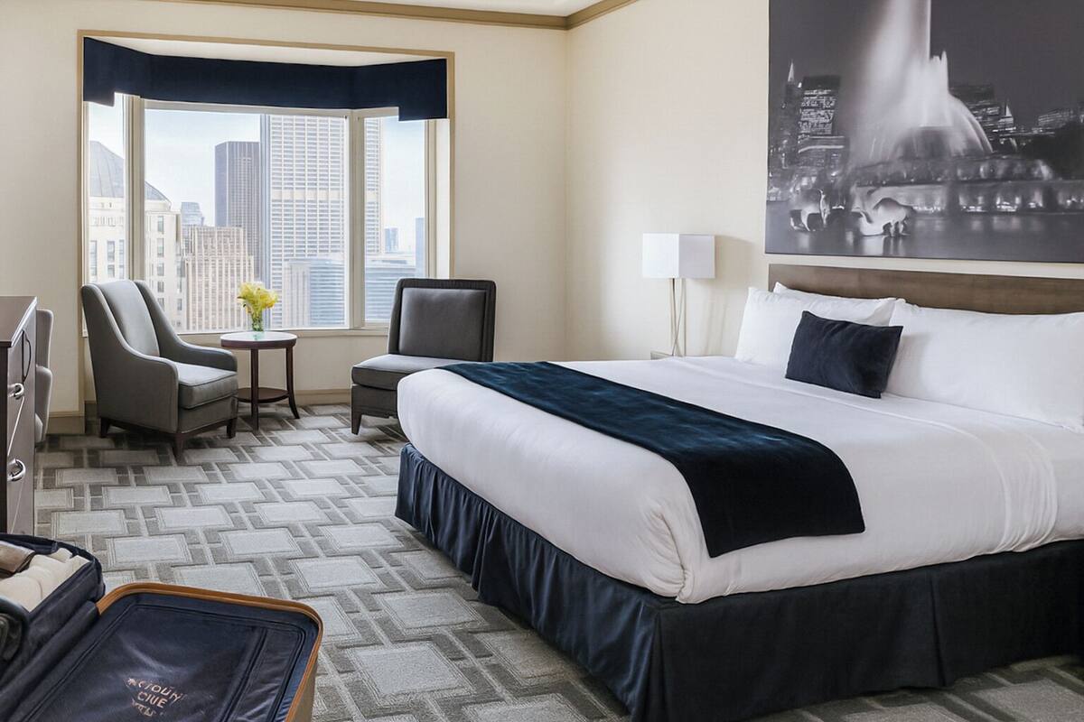 A hotel room with a large bed, a desk, two chairs, a small table with flowers, a suitcase, and a cityscape view.