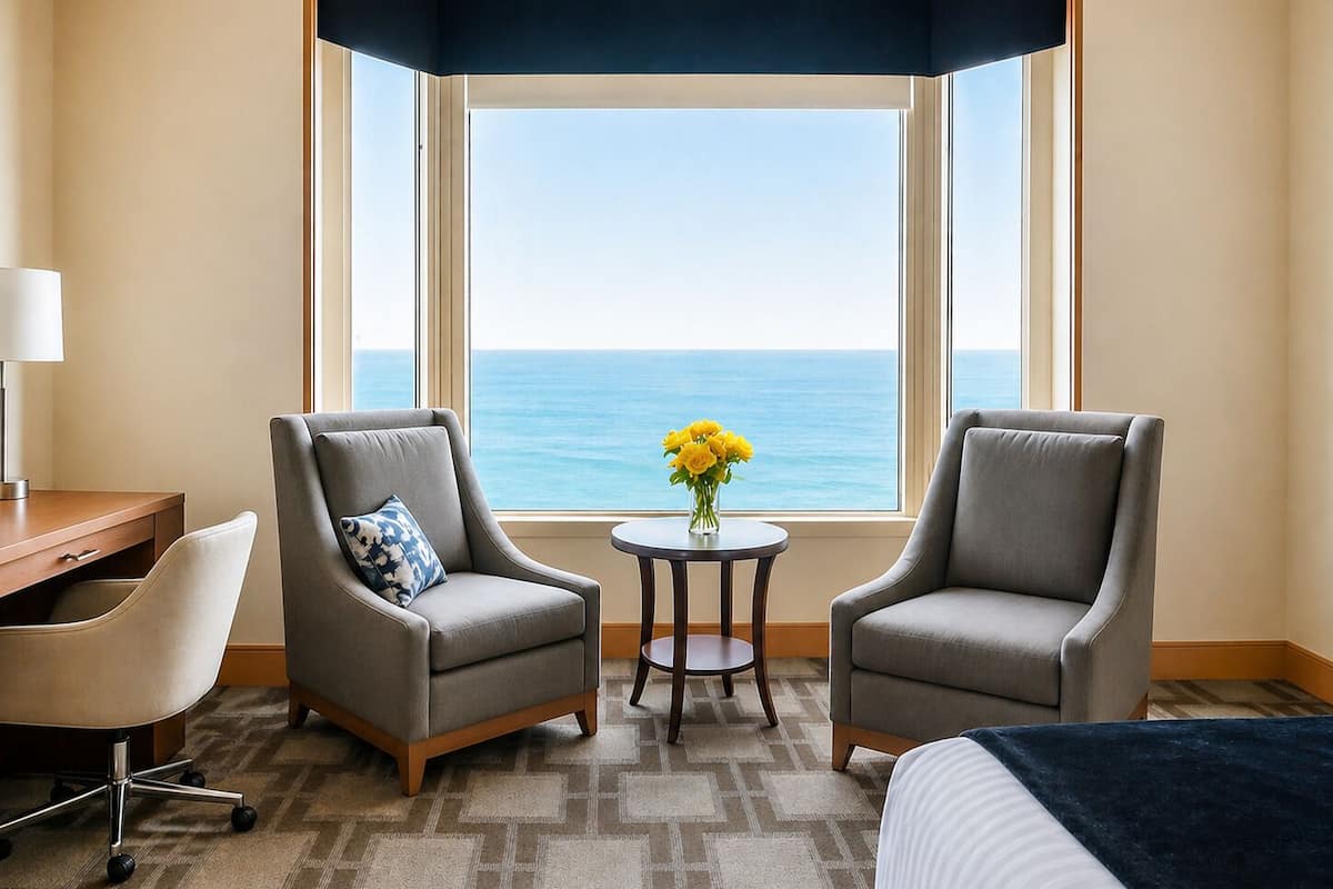 A hotel room with two armchairs, a small round table with a vase of yellow flowers, a bed, a desk, and a view of the ocean.