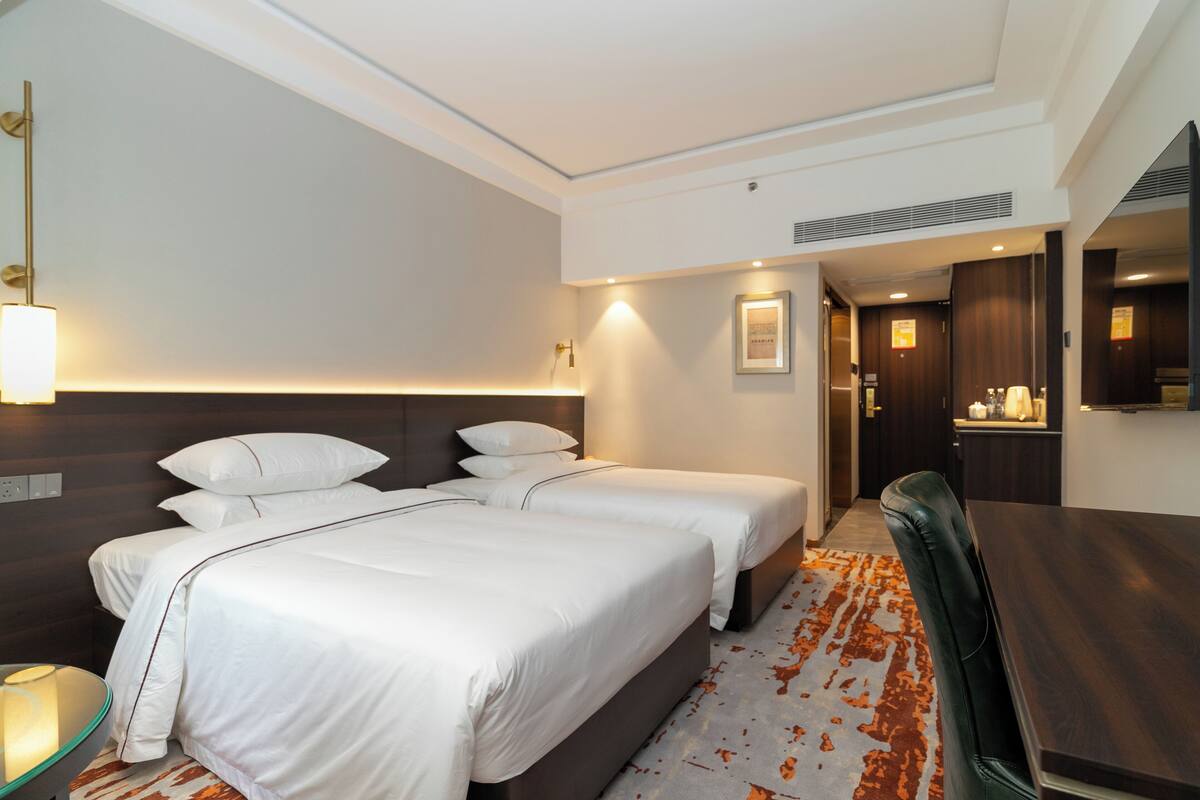In-room safe, desk, laptop workspace, blackout curtains
