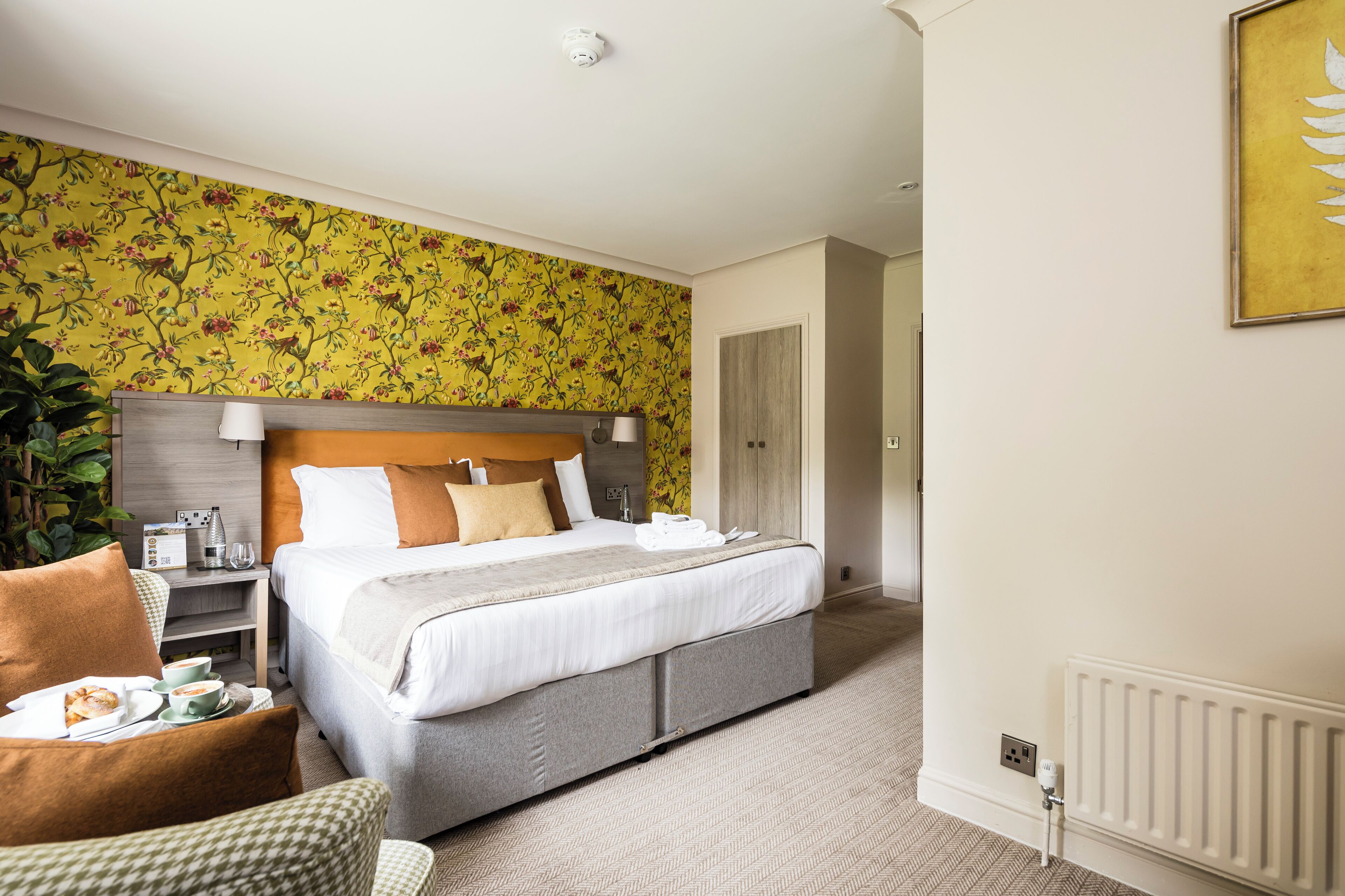 A hotel room with a bed, a desk with a lamp, a chair, and a plant.