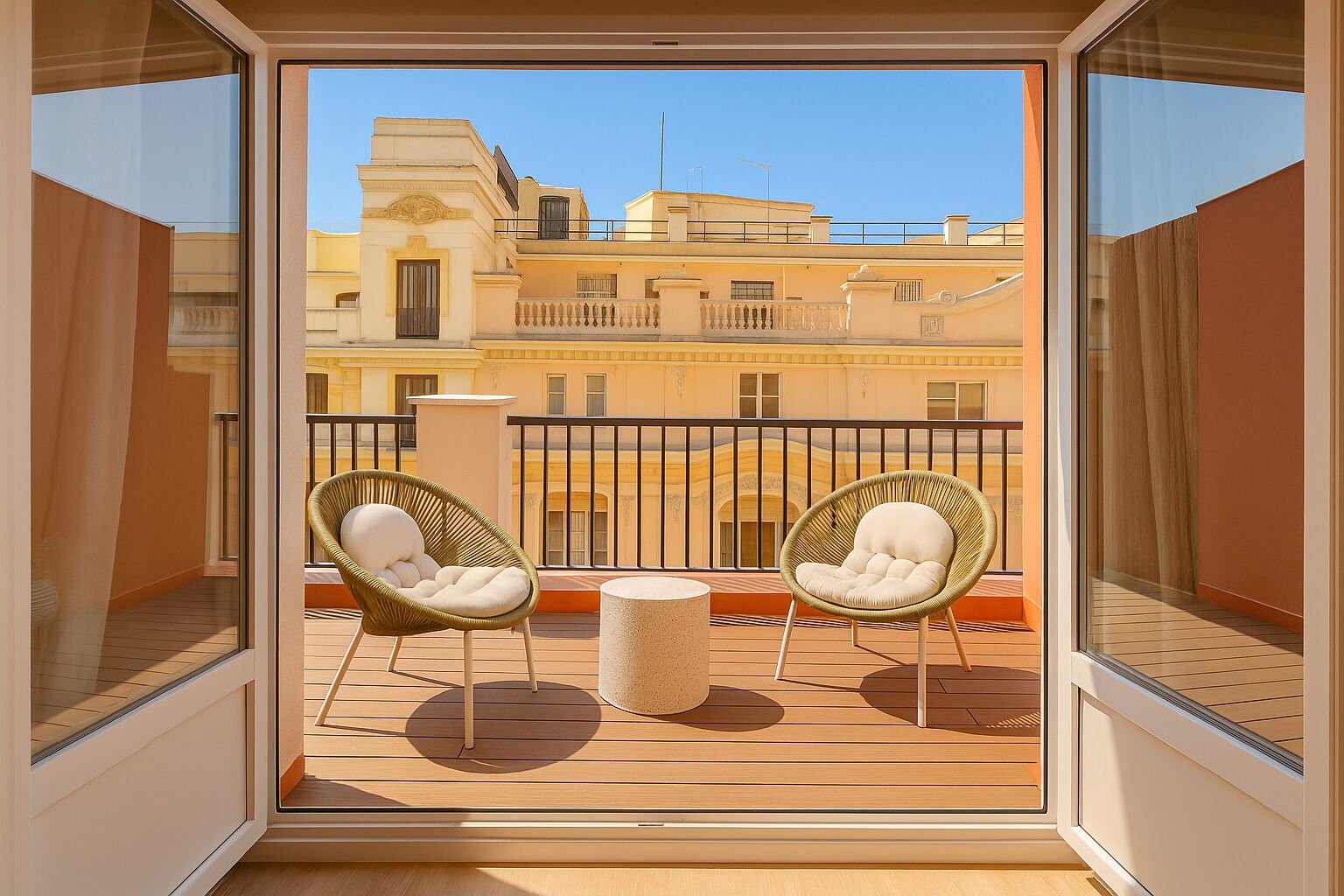 superior room, terrace (puerta del sol view) | down duvets, minibar, in-room safe, desk