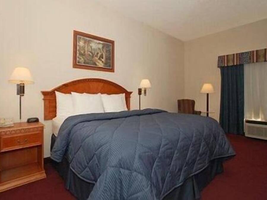Une chambre d’hôtel avec un grand lit, deux tables de chevet avec des lampes, une table de nuit, un tableau au mur et une fenêtre avec des rideaux.
