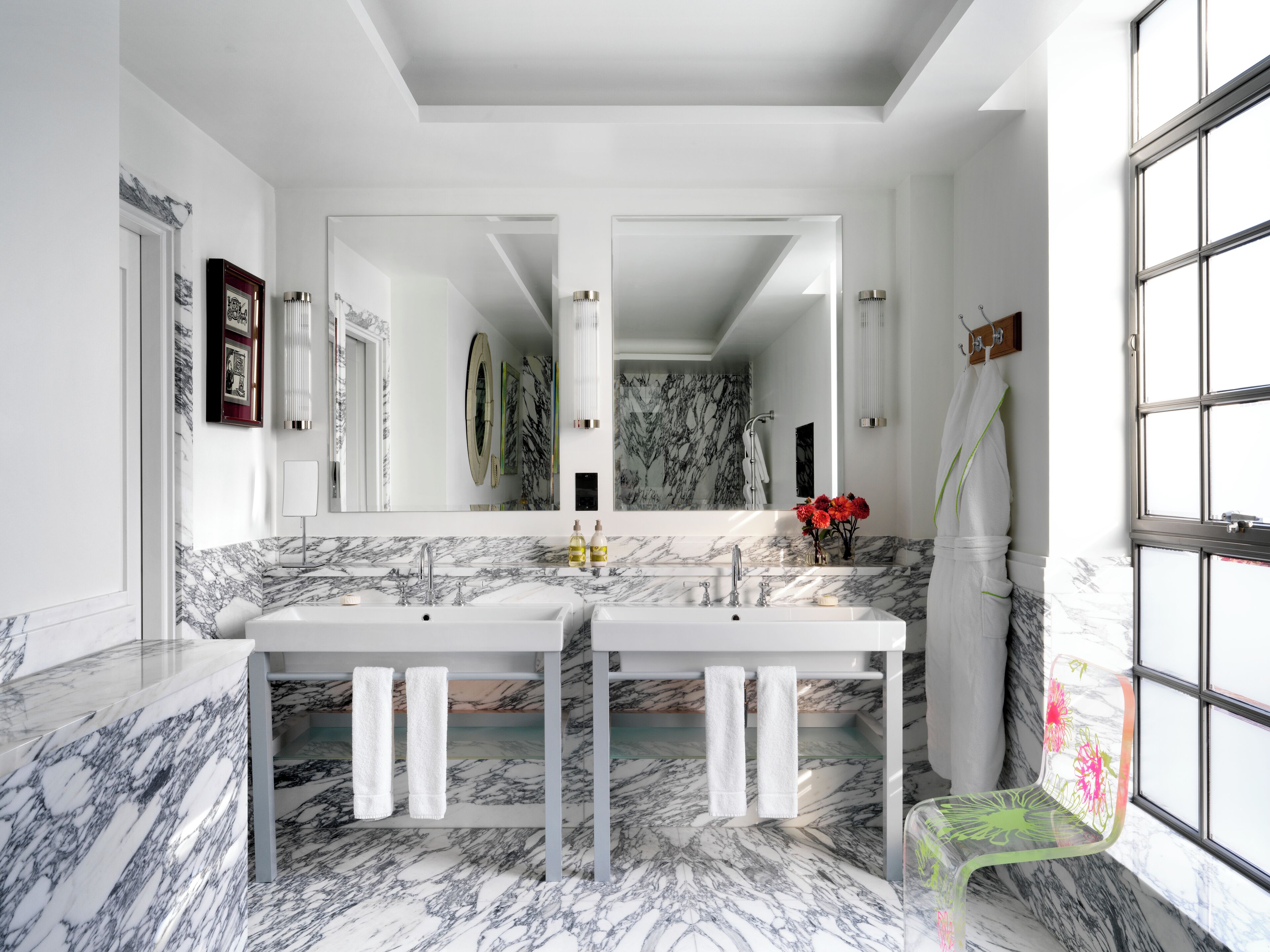 combined shower/bathtub, deep-soaking bathtub, designer toiletries